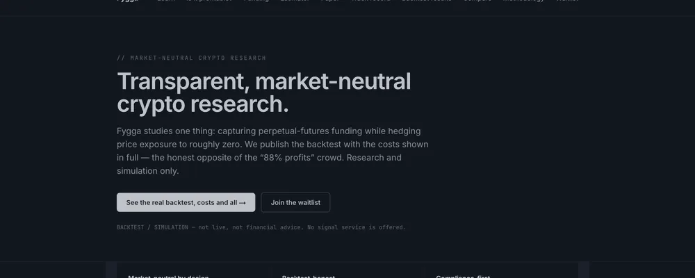Screenshot of fygga.com: the market-neutral crypto research page, labelled backtest and simulation only.